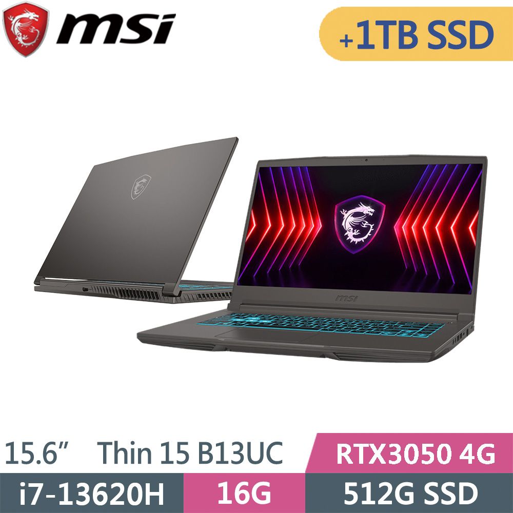 MSI 微星  Thin 15 B13UC-1418TW-SP2 灰(i7-13620H/16G/512G+1TB SSD/RTX3050/W11/15.6)特仕筆電