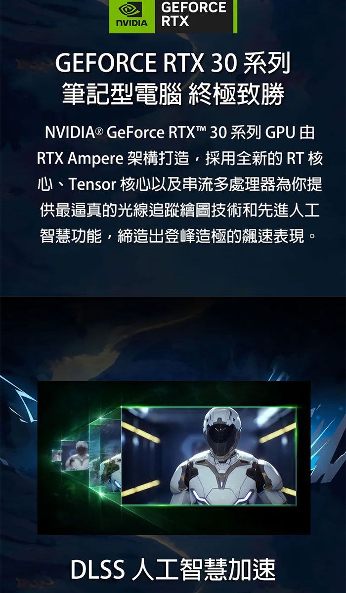 GEFORCE RTXGEFORCE RTX 30 系列筆記型電腦 終極致勝NVIDIA® GeForce RTXT™ 30 系列 GPU RTX Ampere 架構打造,採用全新的 RT 核心、Tensor 核心以及串流多處理器為你提供最逼真的光線追蹤繪圖技術和先進人工智慧功能,締造出登峰造極的飆速表現。DLSS 人工智慧加速