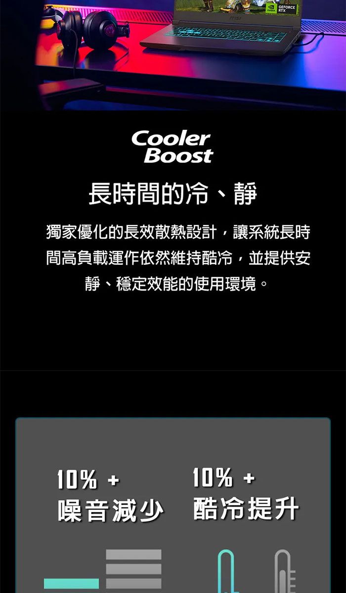 CoolerBoost長時間的冷、靜獨家優化的長效散熱設計,讓系統長時間高負載運作依然維持酷冷,並提供安靜、穩定效能的使用環境。10% 10% 噪音減少 酷冷提升