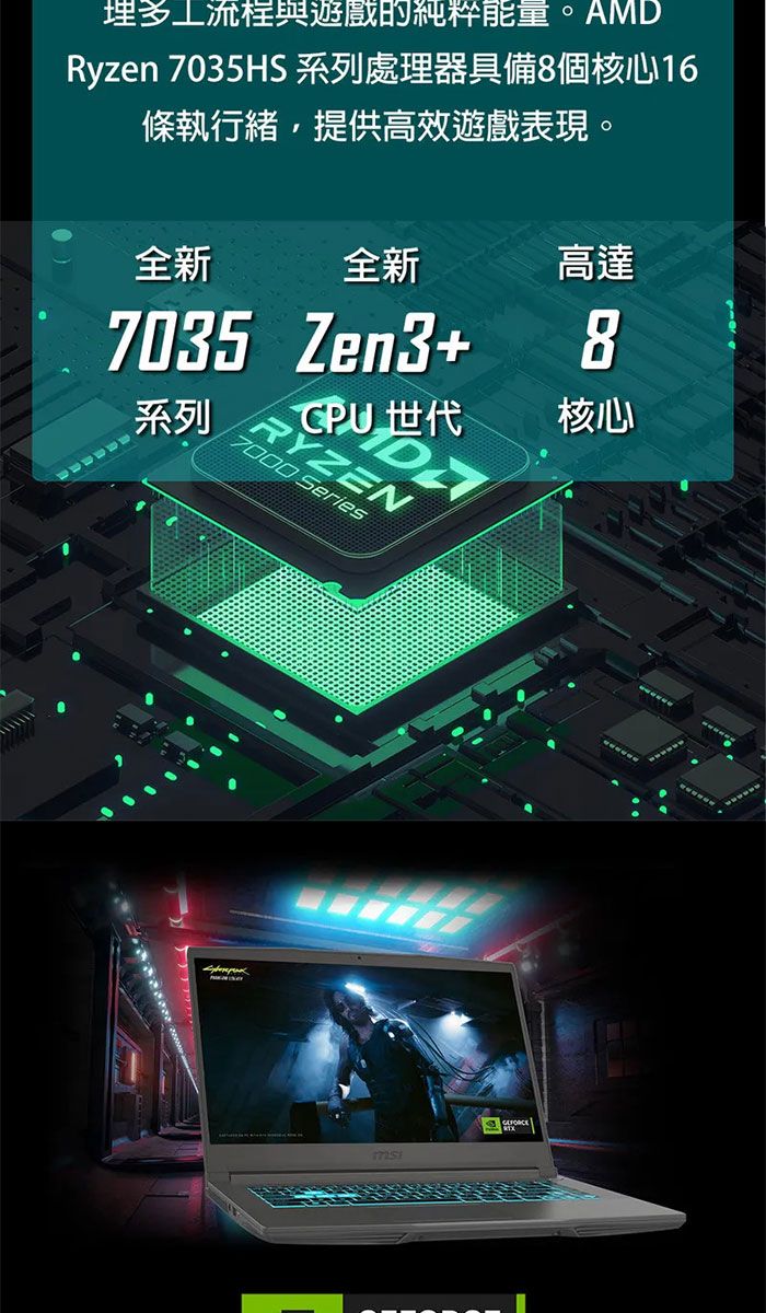 多流程與遊戲的純粹能量。AMDRyzen 7035HS 系列處理器具備8個核心16條執行緒,提供高效遊戲表現。全新全新高達7035 Zen3+系列RYZENCPU 世代7000 Series8核心