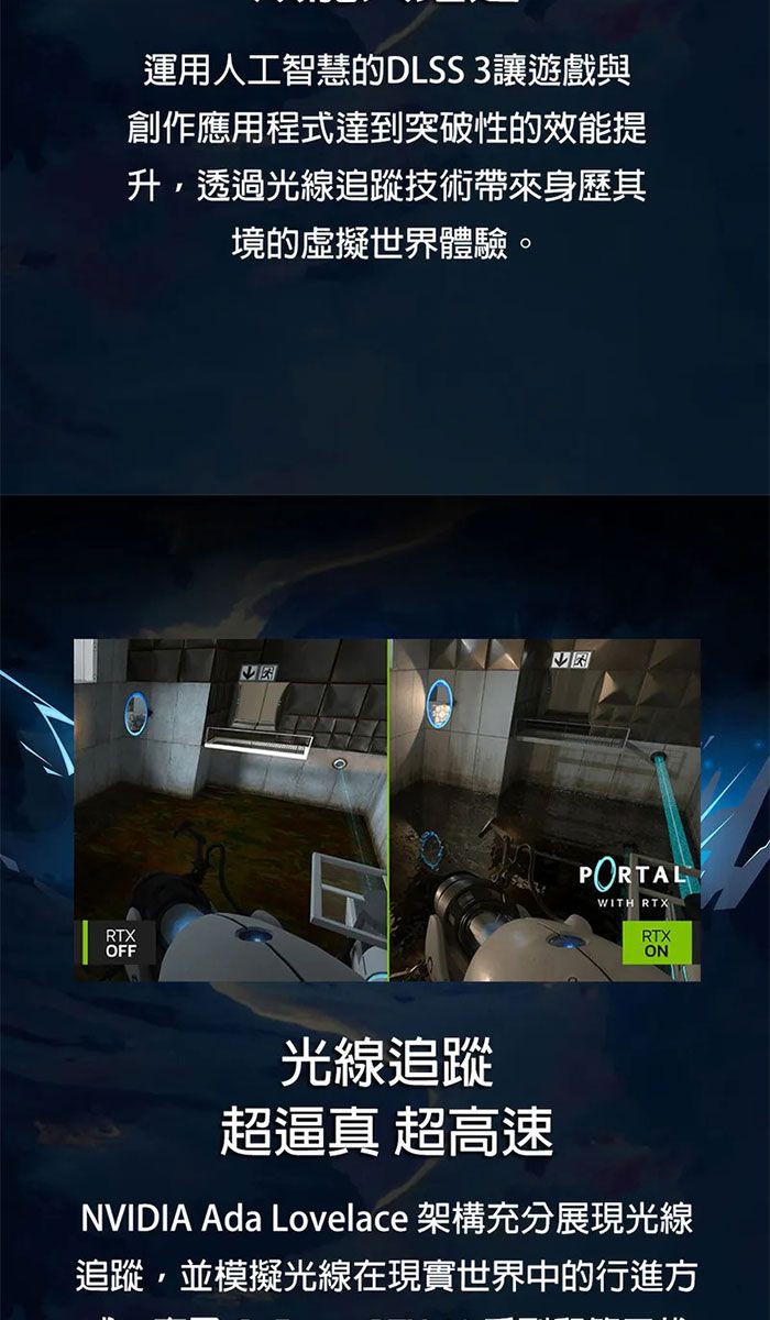 運用人工智慧的DLSS 3讓遊戲與創作應用程式達到突破性的效能提升透過光線追蹤技術帶來身歷其境的虛擬世界體驗。RTXOFFPORTALWITH RTXRTXON光線追蹤超逼真 超高速NVIDIA Ada Lovelace 架構充分展現光線追蹤,並模擬光線在現實世界中的行進方