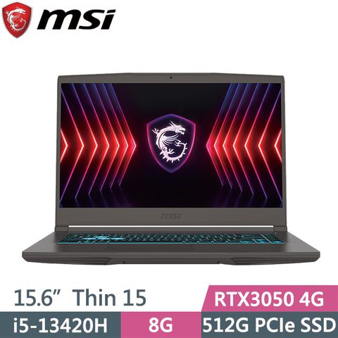 MSI 微星 Thin 15 B13UC-2017TW 灰 (i5-13420H/8G/512G SSD/RTX 3050 4G/15.6吋FHD/W11)電競筆電