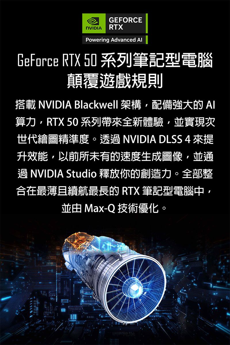 GEFORCE RTXPowering Advanced GeForce RTX 50 系列筆記型電腦顛覆遊戲規則搭載 NVIDIA Blackwell 架構配備強大的算力RTX 50 系列帶全新體驗,並實現次世代繪圖精準度。 NVIDIA DLSS 4 來升效能,以前所未有的速度生成圖像,並通 NVIDIA Studio 釋放你的創造力。全部整合在最薄且續航最長的 RTX 筆記型電腦中,並由 Max-Q 技術優化。
