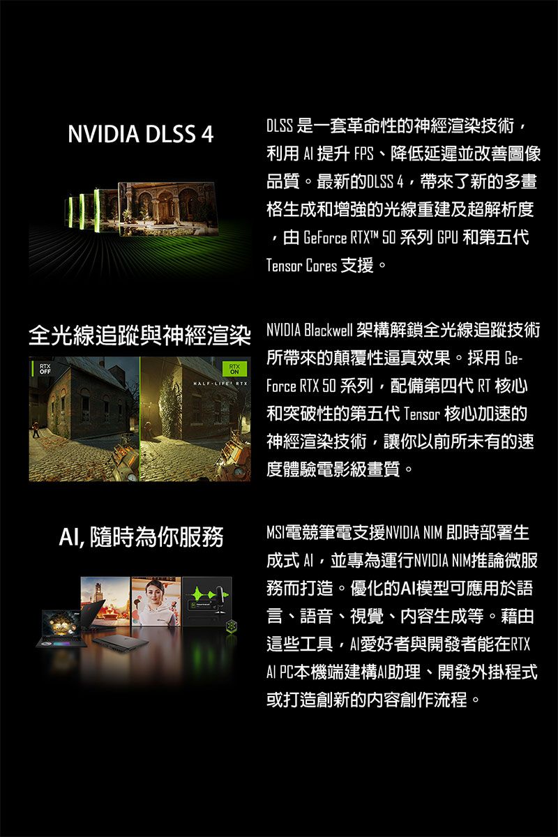NVIDIA DLSS 4DLSS 是一套革命性的神經渲染技術利用  提升 FPS、降低延遲並改善圖像品質。最新的DLSS4帶來了新的多畫格生成和增強的光線重建及超解析度 GeForce T™ 50 系列 GPU 和第五Tensor Cores 支援。全光線追蹤與神經渲染 NVIDIA Blackwell 架構解鎖全光線追蹤技術 隨時為你服務所帶來的顛覆性逼真效果。採用 RTX RTXForce RTX 50 系列配備第四代 RT 核心和突破性的第五代 Tensor 核心加速的神經渲染技術讓你以前所未有的速度體驗電影級畫質。MSI電競筆電支援NVIDIA NIM 即時部署生成式,並專為運行NVIDIA NIM推論微服務而打造。優化的模型可應用於語言、語音、視覺、内容生成等。藉由這些工具,AI愛好者與開發者能在RTXAI PC本機端建構AI助理、開發外掛程式或打造創新的內容創作流程。