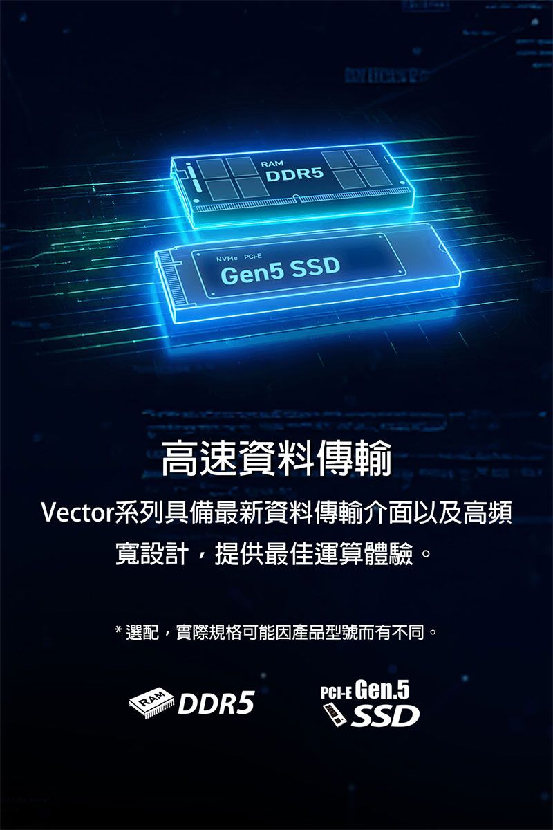 RAMDDR5NVMe PCIGen5 SSD  高速資料傳輸Vector系列具備最新資料傳輸介面以及高頻寬設計提供最佳運算體驗。*選配,實際規格可能因產品型號而有不同。RAM DDR5PCI-E Gen.5SSD