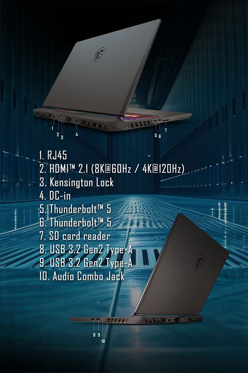 1231. RJ46  2.1 (8K / 4K@120Hz)3. Kensington Lock4. DC-in Thunderbolt 5 Thunderbolt 57. SD card reader USB 3.2 Gen2 Type-A9. USB 3.2 Gen2 Type-A10. Audio Combo Jack8910