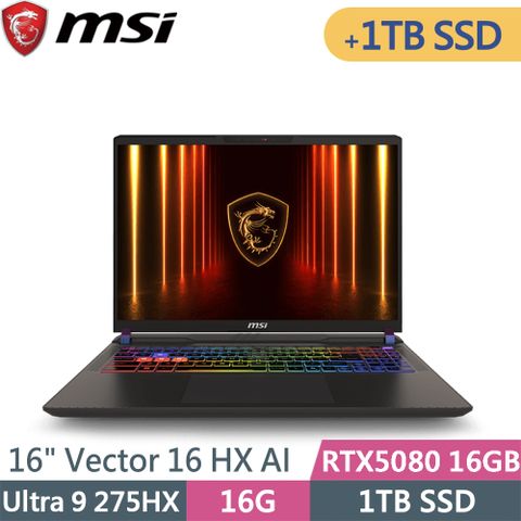 MSI 微星 Vector 16 HX AI A2XWIG-014TW-SP2 灰(Ultra 9 275HX/16G/1TB+1TB/RTX5080 16G/W11/16)特仕筆電