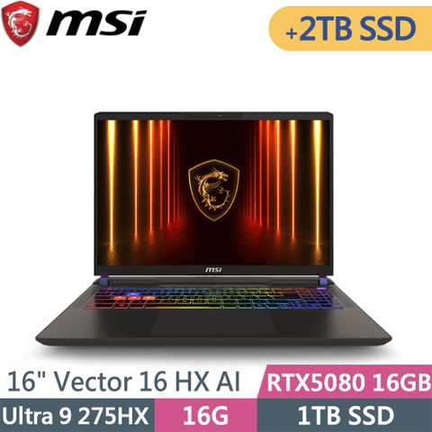 MSI 微星 Vector 16 HX AI A2XWIG-014TW-SP4 灰(Ultra 9 275HX/16G/1TB+2TB/RTX5080 16G/W11/16)特仕筆電