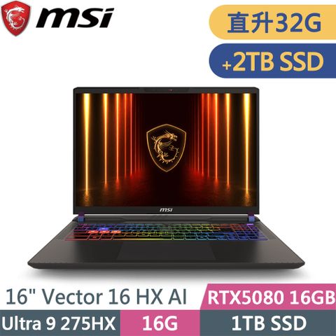 MSI 微星 Vector 16 HX AI A2XWIG-014TW-SP7 灰(Ultra 9 275HX/32G/1TB+2TB/RTX5080 16G/W11/16)特仕筆電