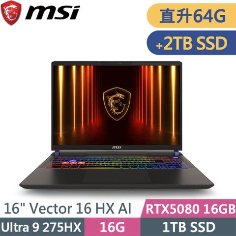 MSI 微星 Vector 16 HX AI A2XWIG-014TW-SP9 灰(Ultra 9 275HX/64G/1TB+2TB/RTX5080 16G/W11/16)特仕筆電