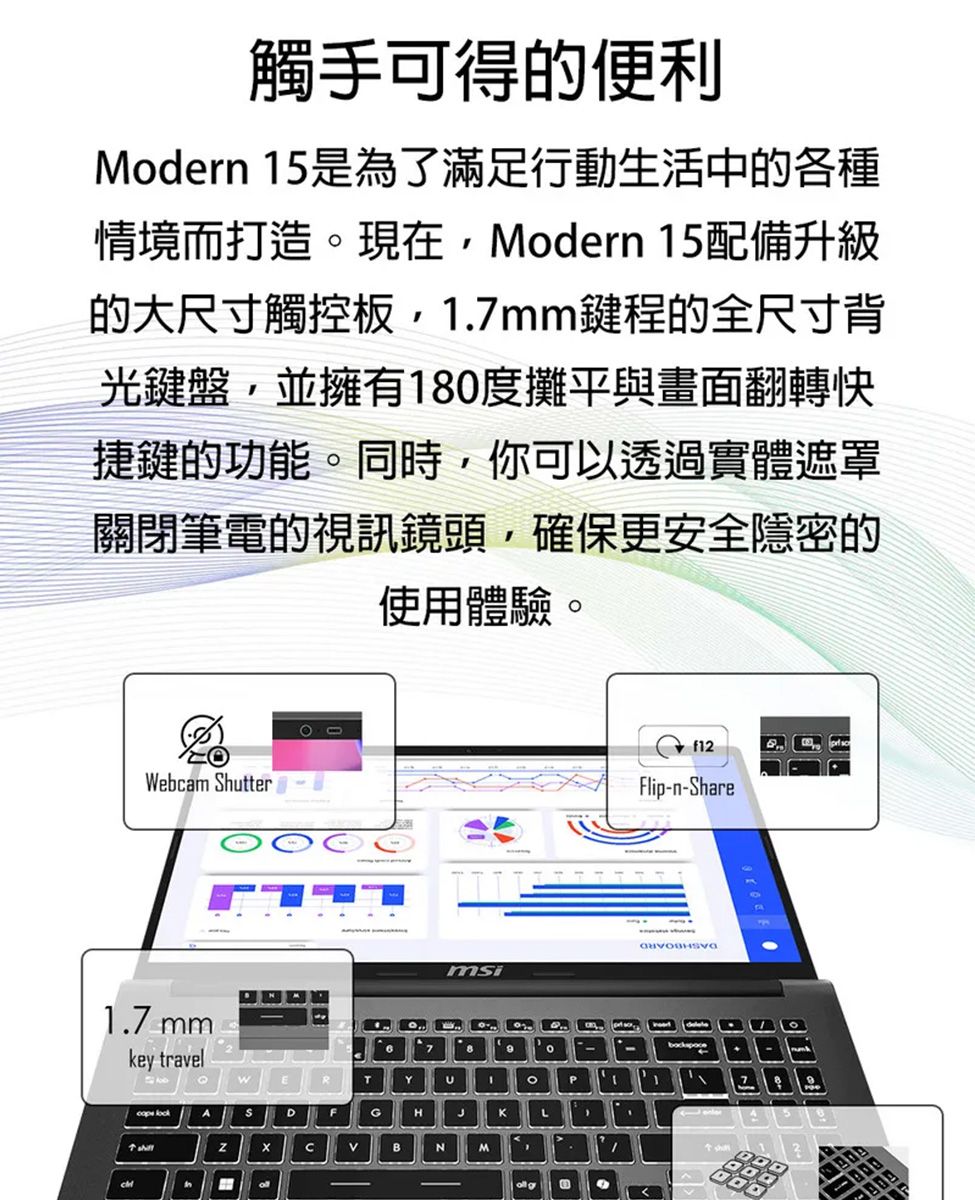 觸手可得的便利Modern 15是為了滿足行動生活中的各種情境而打造現在Modern 15配備升級的大尺寸觸控板,1.7mm鍵程的全尺寸背光鍵盤,並擁有18度攤平與畫面翻轉快捷鍵的功能。同時,你可以透過實體遮罩關閉筆電的視訊鏡頭,確保更安全隱密的使用體驗。Webcam utter1.7 mmkey travel look hmsiRTY0。PASDFGHLBNM Flip-n-Share