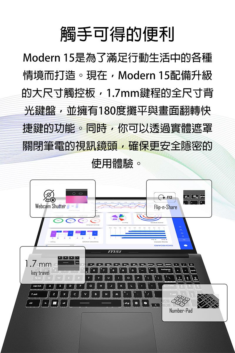 觸手可得的便利odern 15是為了滿足行動生活中的各種情境而打造現在Modern 15配備升級的大尺寸觸控板,1.mm鍵程的全尺寸背光鍵盤,並擁有18度攤平與畫面翻轉快捷鍵的功能。同時,你可以透過實體遮罩關閉筆電的視訊鏡頭,確保更安全隱密的使用體驗。Webcam Shutter1. mmkey travel lock770TY。PLNMf12Flip-n-Share Number-Pad