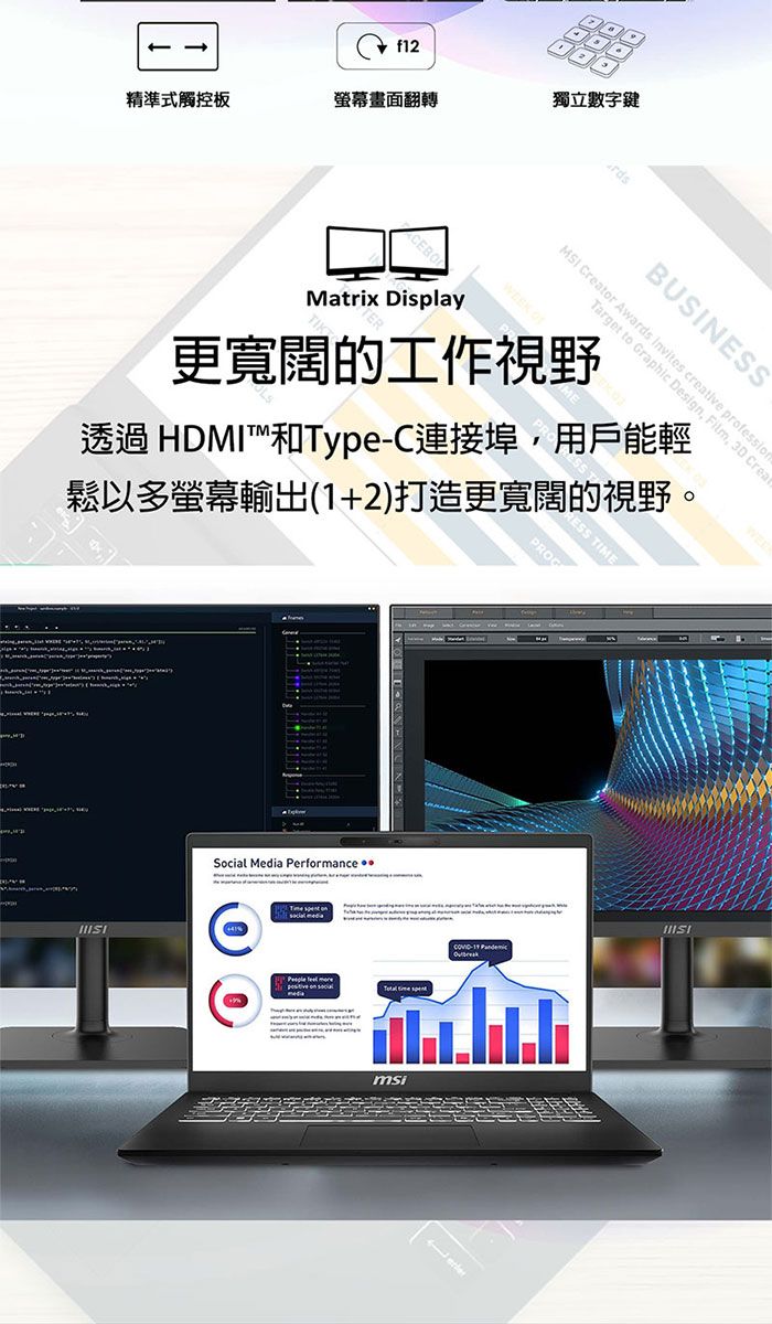 f12精準式觸控板螢幕畫面翻轉獨立數字鍵TIKMatrix Display更寬闊的工作視野透過 HDMI和TypeC連接埠,用戶能輕鬆以多螢幕輸出(1+2)打造更寬闊的視野PROGRESS TIMErdsBUSINESSMSI Creator Awards Invites creative professionTarget to Graphic Design, Film,  CreaSocial Media Performance-