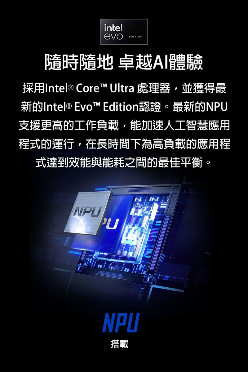 intelevoEDITION隨時隨地 卓越AI體驗採用Intel® Core™ Ultra 處理器並獲得最新的Intel® Evo™ Edition認證。最新的N支援更高的工作負載,能加速人工智慧應用程式的運行,在長時間下為高負載的應用程式達到效能與能耗之間的最佳平衡。NPUPUNPU搭載