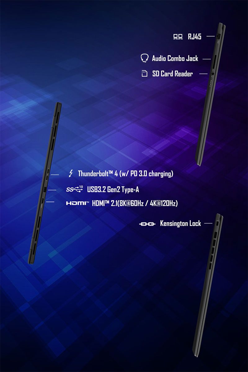 RJ45Audio Combo JackSD Card ReaderThunderbolt 4 (/ PD 3.0 charging) USB3.2 Gen2 Type-A HDMI (8K@ / 4K@120Hz) Kensington Lock