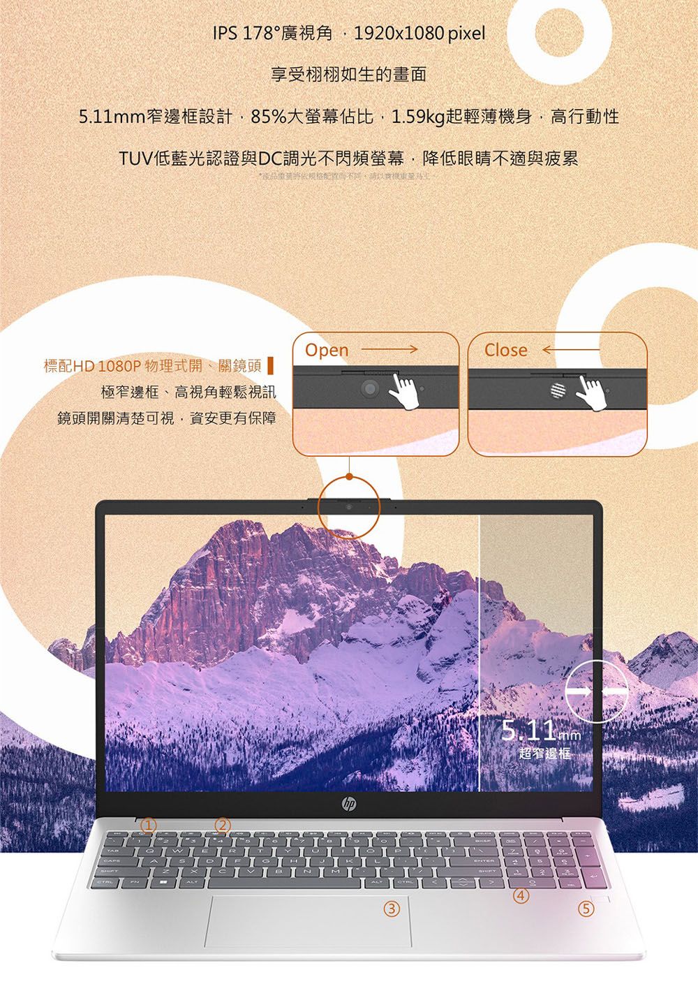 IPS 178°廣視角1920x1080 pixel享受栩栩如生的畫面5.11mm窄邊框設計85%大螢幕佔比1.59kg起輕薄機身高行動性TUV低藍光認證與DC調光不閃頻螢幕,降低眼睛不適與疲累*產品規格配置而不同,請以實OpenClose標配HD 1080P 物理式開、關鏡頭極窄邊框、高視角輕鬆視訊鏡頭開關清楚可視,資安更有保障 5.11mm超窄邊框5