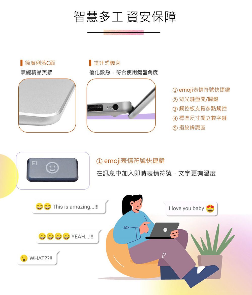 智慧多工 資安保障 簡潔俐落面提升式機身無縫精品美感優化散熱符合使用鍵盤角度①emoji表情符號快捷鍵②背光鍵盤開/關鍵③ 觸控板支援多點觸控④標準尺寸獨立數字鍵 指紋辨識區①emoji表情符號快捷鍵在訊息中加入即時表情符號,文字更有溫度WHAT??!! This is amazingYEAH!!!I love you baby