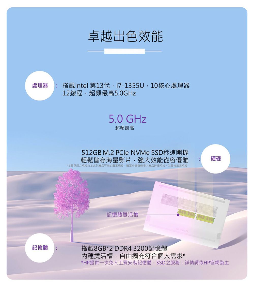 處理器卓越出色效能搭載Intel 第13代7-1355U10核心處理器12線程超頻5.0GHz5.0 GHz超頻最高512GB M.2 PCIe NVMe SSD秒速開機輕鬆儲存海量影片強大效能從容優雅硬碟*之為本系列可能最高前請產品詳細,為最後出貨規格記憶體雙活槽記憶體搭載8GB*2 DDR4 3200記憶體內建雙活槽,自由擴充符合個人需求**HP提供一次免人工費安裝記憶體、SSD之服務,詳情請依HP官網為主