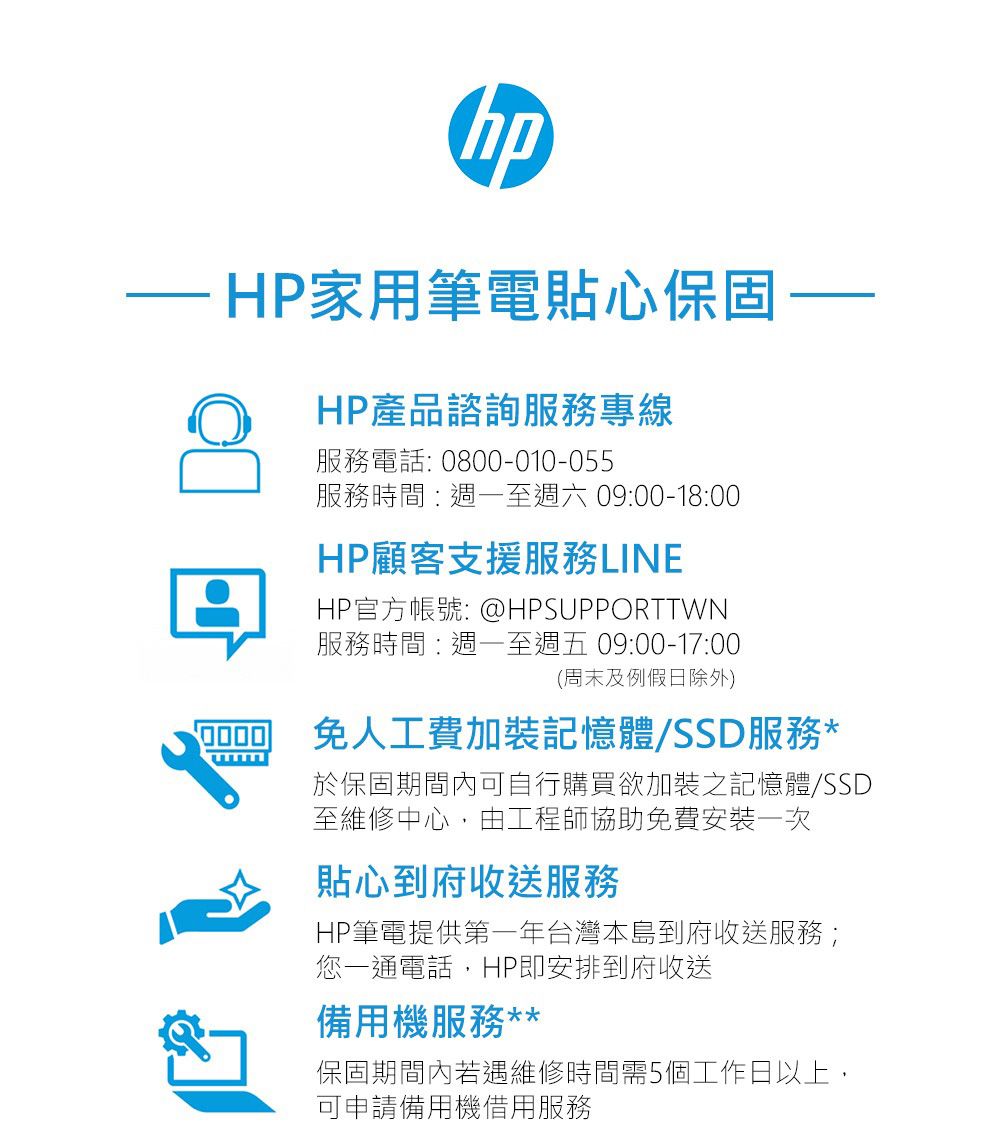 hpHP家用筆電貼心保固HP產品諮詢服務專線服務電話: 0800-010-055服務時間:週一至週六 09:00-18:00HP顧客支援服務LINEHP官方帳號: @HPSUPPORTTWN服務時間:週一至週五 09:00-17:00(周末及例假日除外)免人工費加裝記憶體/SSD服務*於保固期間內可自行購買欲加裝之記憶體/SSD至維修中心由工程師協助免費安裝一次貼心到府收送服務HP筆電提供第一年台灣本島到府收送服務;您一通電話,HP即安排到府收送備用機服務**保固期間內若遇維修時間需5個工作日以上,可申請備用機借用服務