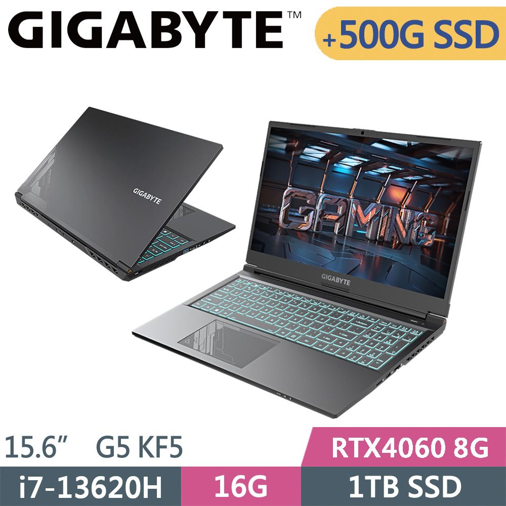 GIGABYTE 技嘉  G5 KF5-H3TW394KH-SP1 黑(i7-13620H/16G/1TB+500G SSD/RTX4060 8G/W11/15.6)特仕