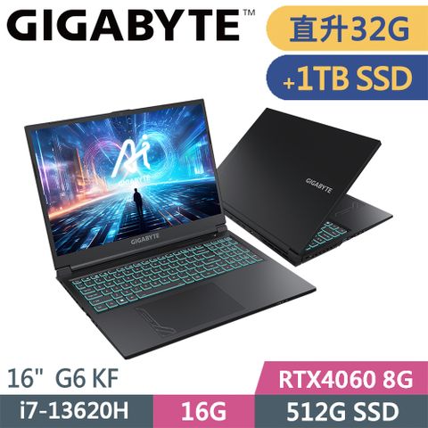 GIGABYTE 技嘉 G6 KF-H3TW853KH-SP6 黑(i7-13620H/32G/512G+1TB SSD/RTX4060 8G/W11/16)特仕