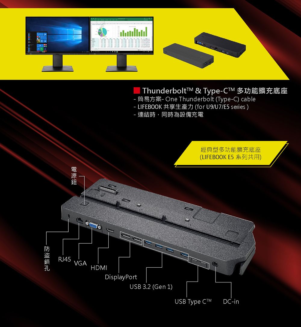 ThunderboltTM & TypeCTM 多功能擴充底座 簡易方案 One Thunderbolt (Type-C) cable- LIFEBOOK 共享生產力(for U9/U7/E5 series)- 連結時,同時為設備充電-RJ45經典型多功能擴充底座(LIFEBOOK E5系列共用)VGAHDMIDisplayPortUSB 3.2 (Gen 1)USB Type CTMDC-in