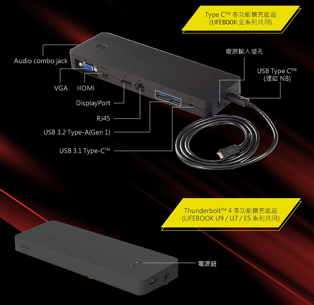 Audio combo jackVGAHDIDisplayPortRJ4USB 3.2 Type-A(Gen 1USB 3.1 Type-MType C 多功能擴充底座(LIFEBOOK 全系列共用)電源輸入插孔USB Type (連結 NB)ThunderboltīM4多功能擴充底座(LIFEBOOK       5)電源鈕