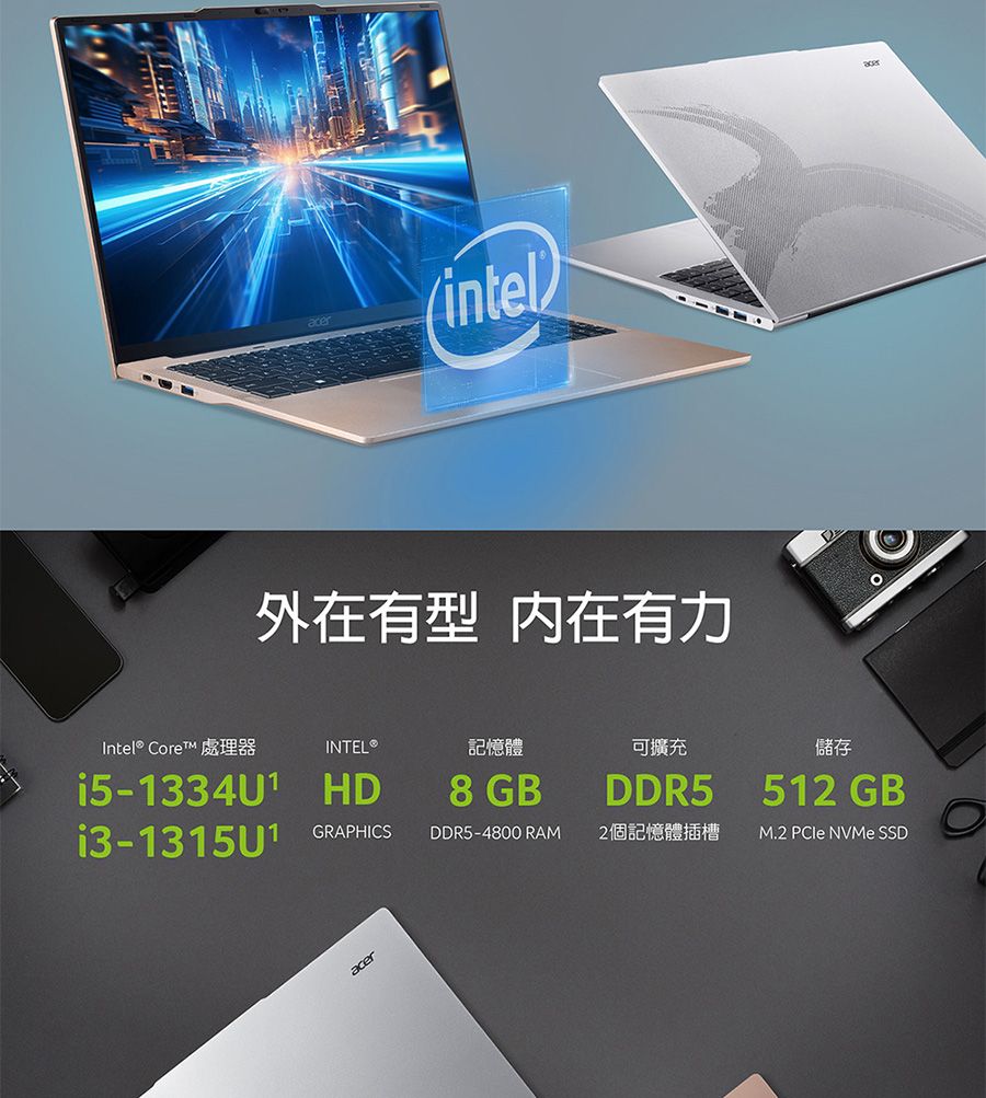 (intel外在有型 内在有力Intel Core™ 處理器INTEL®記憶體可擴充i5-1334U1 HD8 GBi3-1315U1GRAPHICSDDR5-4800 RAM2個記憶體插槽acerDDR5 ®儲存512 GBM.2  NVMe SSD