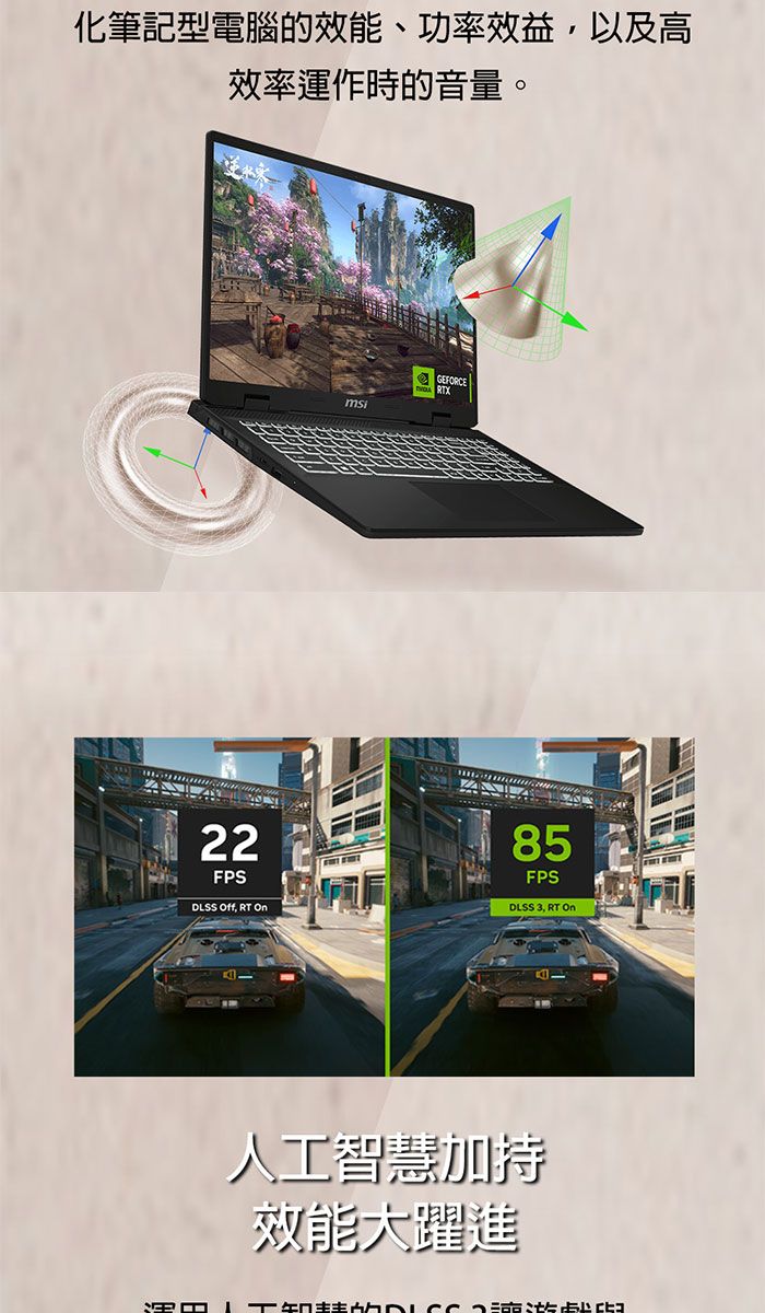 化筆記型電腦的效能、功率效益,以及高效率運作時的音量。22FPSDLSS Off RT OnmsiGEFORCERTX85FPSDLSS 3. RT On人工智慧加持效能大躍進