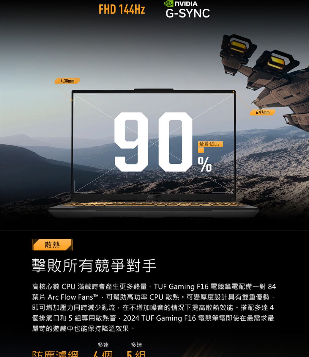 4.38mmFHD 144HzG-SYNC90螢幕佔比%.97mm散熱擊敗所有競爭對手高核心數 CPU 滿載時會產生更多熱量。TUF Gaming F16 電競筆電配備一對 84葉片 Arc Flow Fans™可幫助高功率 CPU 散熱。可變厚度設計具有雙重優勢即可增加壓力同時減少亂流,在不增加噪音的情況下提高散熱效能。搭配多達4排氣口和5組專用散熱管,2024 TUF Gaming F16 電競筆電即使在最需求最嚴苛的遊戲中也能保持降溫效果。多達多達6個