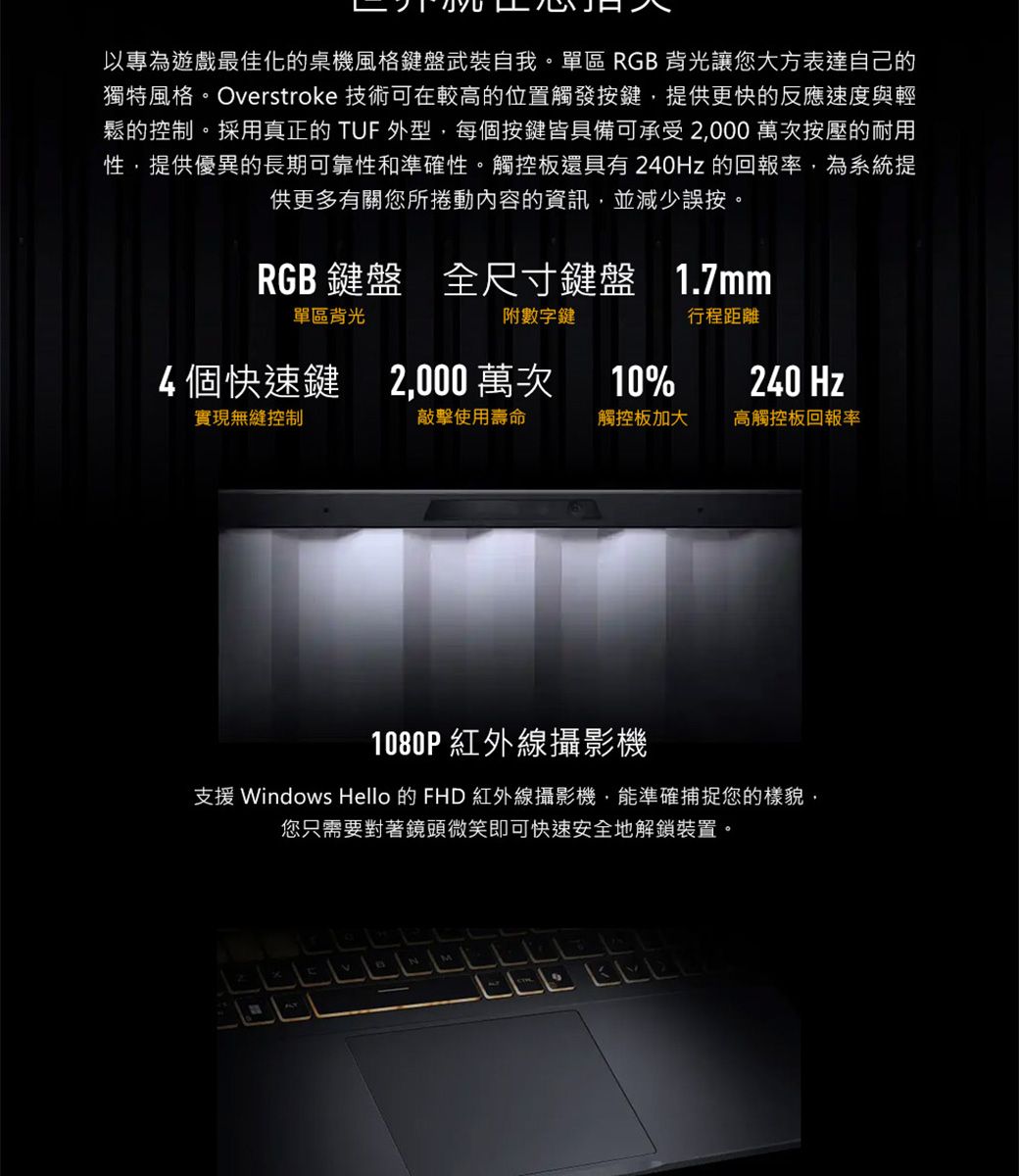 以專為遊戲最佳化的桌機風格鍵盤武裝自我。單區 RGB背光讓您大方表達自己的獨特風格。Overstroke 技術可在較高的位置觸發按鍵提供更快的反應速度與輕鬆的控制。採用真正的 TUF 外型,每個按鍵皆具備可承受2,000 萬次按壓的耐用性,提供優異的長期可靠性和準確性。觸控板還具有240Hz 的回報率,為系統提供更多有關您所捲動內容的資訊,並減少誤按。RGB 鍵盤 全尺寸鍵盤 1.7mm單區背光附數字鍵行程距離4個快速鍵 2,000 萬次10%240 Hz實現無縫控制敲擊使用壽命觸控板加大高觸控板回報率1080P 紅外線攝影機支援 Windows Hello 的 FHD 紅外線攝影機,能準確捕捉您的樣貌,您只需要對著鏡頭微笑即可快速安全地解鎖裝置。