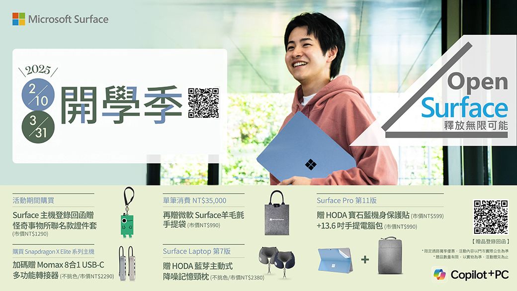 Microsoft Surface2025331開學季活動期間購買單筆消費 NT$35000Surface 主機登錄回函怪奇事物所聯名款證件套(NT$1290)再贈微軟Surface羊毛氈手提袋(市價NT$990)購買 Snapdragon X Elite 系列主機加碼贈 Momax 8合1 USB-CSurface Laptop第7版多功能轉接器(不挑色市價NT$2290)贈 HODA藍芽主動式降噪記憶頸枕(不挑色/市價NT$2380)OpenSurface釋放無限可能Surface Pro 第11版贈 HODA 寶石藍機身保護貼(市價NT$599)+13.6手提電腦包(市價NT$990)【贈品登錄回函】*限定通路獨享優惠活動內容以門市實際公告為準*贈品數量有限,以實物為準,活動贈完為止Copilot+PC