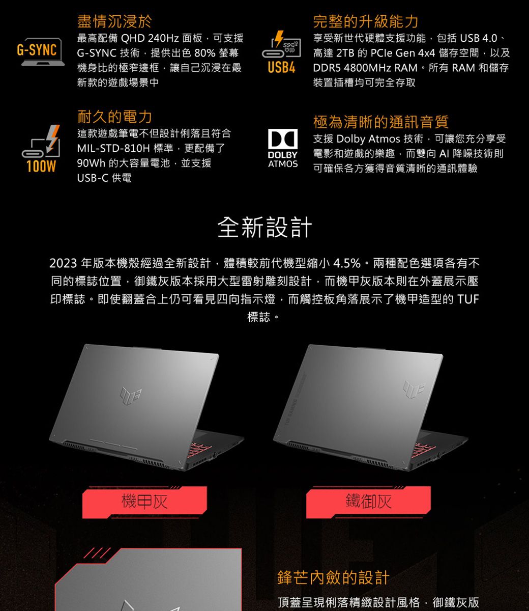 盡情沉浸於G-SYNC最高配備 QHD 240Hz 面板可支援G-SYNC 技術提供出色% 螢幕機身比的極窄邊框讓自己沉浸在最新款的遊戲場景中USB4耐久的電力完整的升級能力享受新世代硬體支援功能包括 USB 4.0、高達 2TB 的 PCle Gen 4x4 儲存空間以及DDR5 4800MHz RAM。所有 RAM 和儲存裝置插槽均可完全存取極為清晰的通訊音質這款遊戲筆電不但設計俐落且符合MIL-STD-810H標準,更配備了100W 的大容量電池,並支援USB-C供電DOLBYATMOS支援 Dolby Atmos 技術,可讓您充分享受電影和遊戲的樂趣,而雙向AI 降噪技術則可確保各方獲得音質清晰的通訊體驗全新設計2023年版本機殼經過全新設計,體積較前代機型縮小4.5%。兩種配色選項各有不同的標誌位置,御鐵版本採用大型雷射雕刻設計,而機甲版本則在外蓋展示壓印標誌。即使翻蓋合上仍可看見四向指示燈,而觸控板角落展示了機甲造型的 TUF標誌。機甲灰鐵御灰鋒芒內斂的設計頂蓋呈現俐落精緻設計風格,御鐵灰版