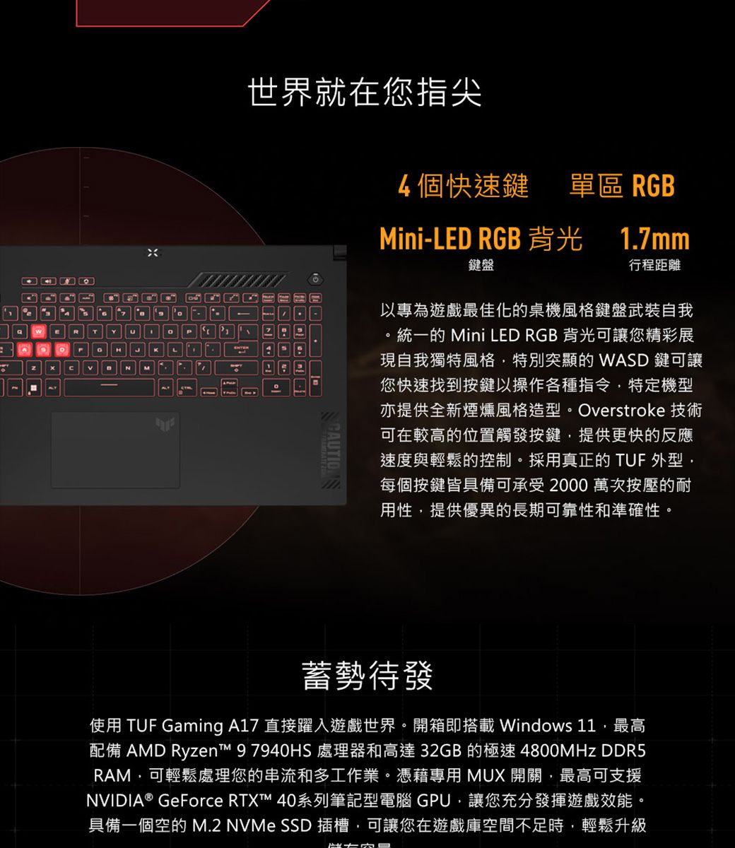 X世界就在您指尖4個快速鍵 單區 RGMini-LED RGB 背光鍵盤1.7mm行程距離以專為遊戲最佳化的桌機風格鍵盤武裝自我P 7 B統一的 Mini LED RGB 背光可讓您精彩展現自我獨特風格特別突顯的 WASD 鍵可讓您快速找到按鍵以操作各種指令特定機型亦提供全新煙燻風格造型。Overstroke 技術可在較高的位置觸發按鍵提供更快的反應速度與輕鬆的控制。採用真正的 TUF 外型每個按鍵皆具備可承受2000萬次按壓的耐用性提供優異的長期可靠性和準確性。蓄勢待發使用 TUF Gaming A17 直接躍入遊戲世界。開箱即搭載 Windows 11,最高配備 AMD Ryzent 97940HS 處理器和高達32GB的極速4800MHz DDR5RAM,可輕鬆處理您的串流和多工作業。憑藉專用 MUX 開關,最高可支援NVIDIA® GeForce RTXT™ 40系列筆記型電腦 GPU,讓您充分發揮遊戲效能。具備一個空的 M.2 NVMe SSD 插槽,可讓您在遊戲庫空間不足時,輕鬆升級