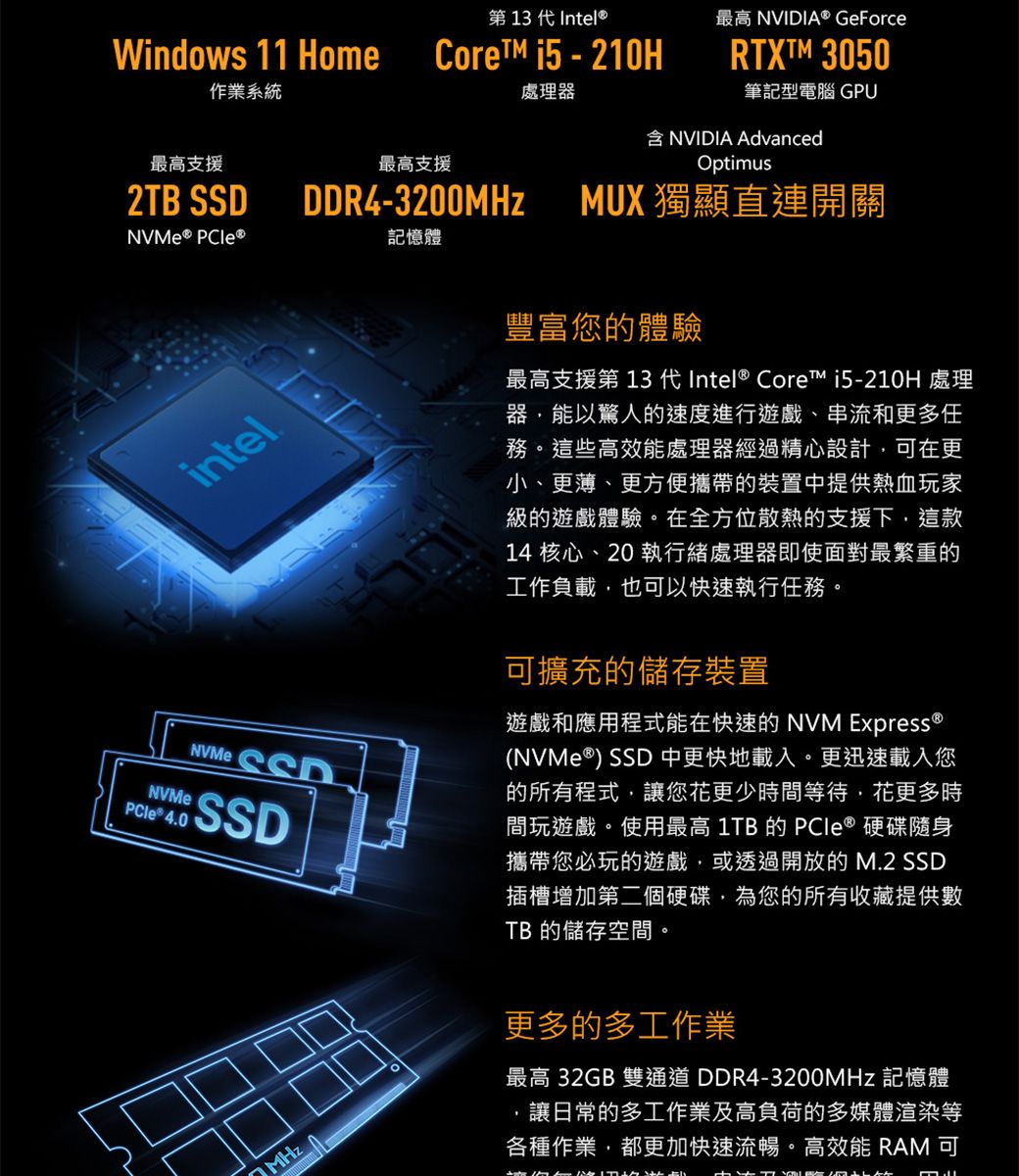 Windows 11 Home作業系統第 13 代IntelCore i5 - 210H處理器最高 NVIDIA® GeForceRTXTM 3050筆記型電腦 GPUNVIDIA AdvancedOptimus最高支援最高支援2TB SDDR4-3200MHzMUX 獨顯直連開關NVMe® 記憶體intelNVMeNVMeSD MHz豐富您的體驗最高支援第 13 代Intel® Core™ i5-210H 處理器能以驚人的速度進行遊戲、串流和更多任務。這些高效能處理器經過精心設計可在更小、更薄、更方便攜帶的裝置中提供熱血玩家級的遊戲體驗。在全方位散熱的支援下,這款14 核心、20 執行緒處理器即使面對最繁重的工作負載,也可以快速執行任務。可擴充的儲存裝置遊戲和應用程式能在快速的 NVM Express ®(NVMe®) SSD 中更快地載入。更迅速載入您的所有程式,讓您更少時間等待,花更多時間玩遊戲。使用最高 1TB 的PCle® 硬碟隨身攜帶您必玩的遊戲,或透過開放的 M.2 SSD插槽增加第二個硬碟,為您的所有收藏提供數TB 的儲存空間。更多的多工作業最高 32GB 雙通道DDR4-3200MHz 記憶體讓日常的多工作業及高負荷的多媒體渲染等各種作業,都更加快速流暢。高效能 RAM 可