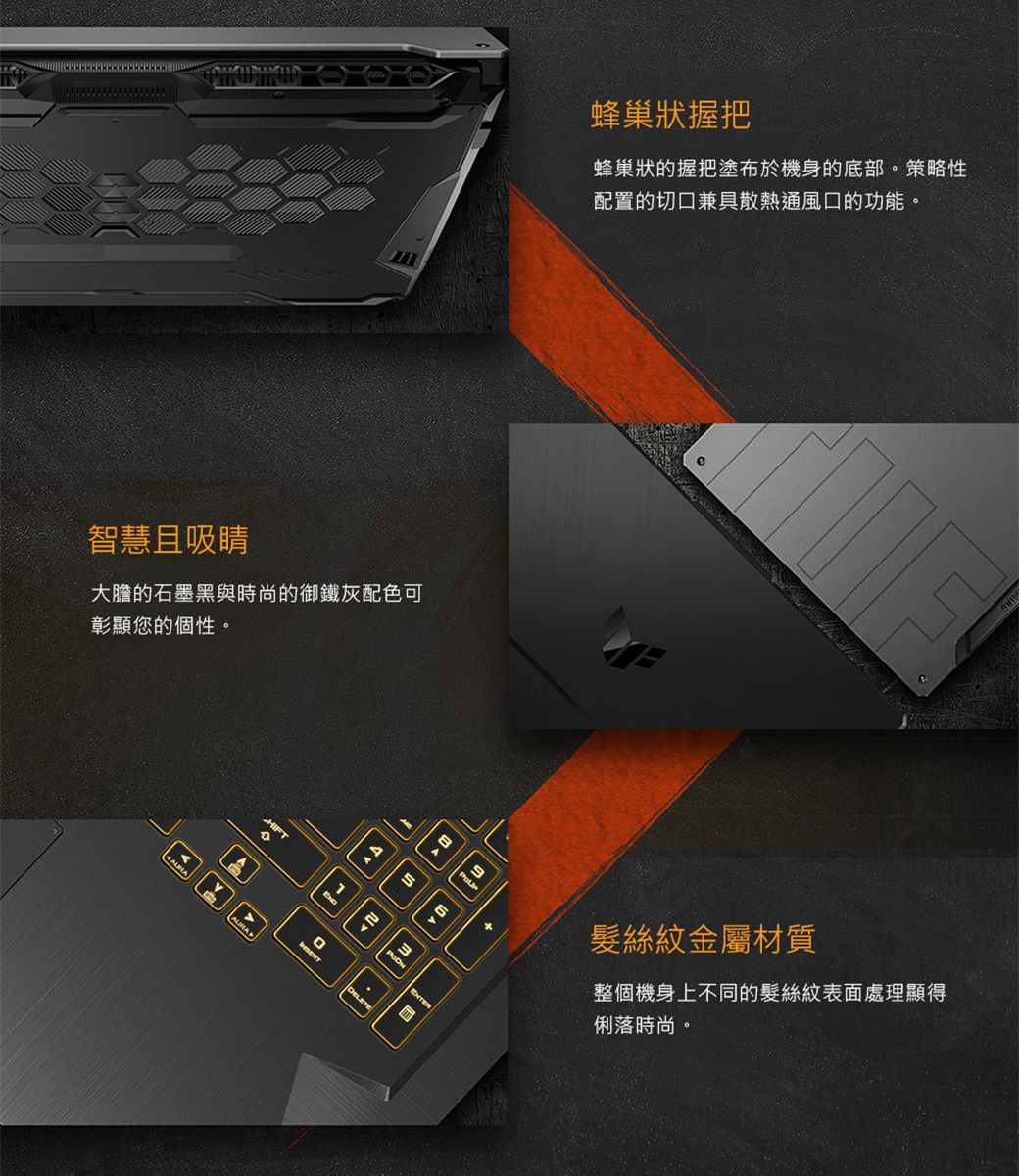蜂巢狀的握把塗布於機身的底部。策略性配置的切口兼具散熱通風口的功能。蜂巢狀握把智慧且吸睛大膽的石墨黑與時尚的御鐵灰配色可彰顯您的個性。HIFT4m髮絲紋金屬材質整個機身上不同的髮絲紋表面處理顯得俐落時尚。
