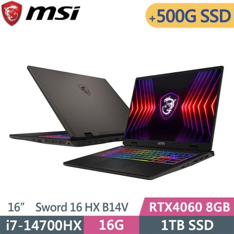 ◤升級加裝500G SSD◢msi微星 Sword 16 HX B14VFKG-046TW-SP1 灰(i7-14700HX/16G/1TB+500G/RTX4060/W11/16)特仕筆電