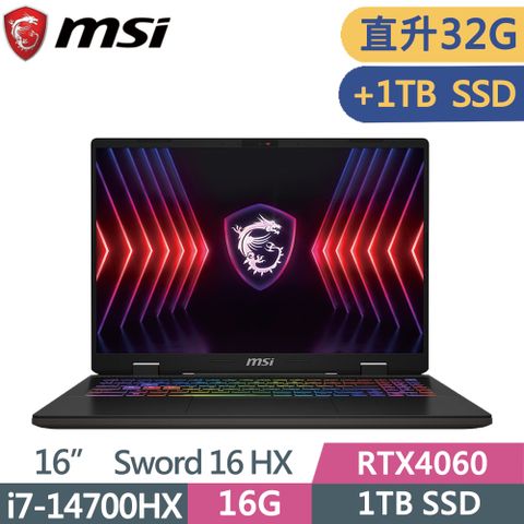 MSI 微星 SWORD 16 HX B14VFKG-046TW (i7-14700HX/16G+16G/1T+1T SSD/RTX4060/FHD/144Hz/16)