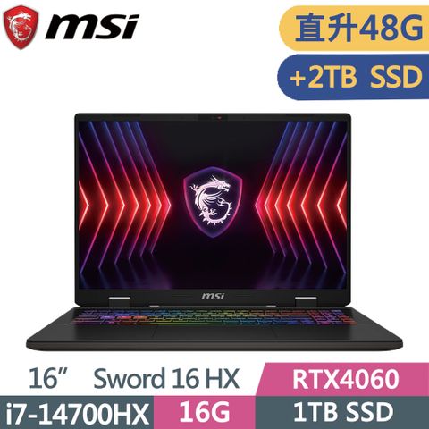 MSI 微星 SWORD 16 HX B14VFKG-046TW (i7-14700HX/16G+32G/1T+2T SSD/RTX4060/FHD/144Hz/16)