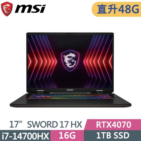 MSI 微星 SWORD 17 HX B14VGKG-025TWi7-14700HX  16G+32G  1TB SSD  RTX4070-8G  240Hz  17"