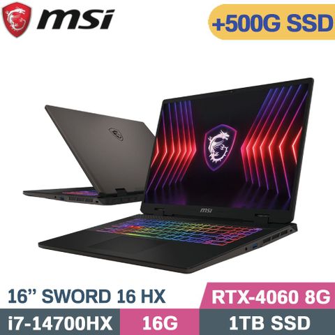 MSI 微星 Sword 16 HX B14VFKG-046TW 電競筆電 黑(i7-14700HX/16G/1TB+500G/RTX4060/W11/16)特仕