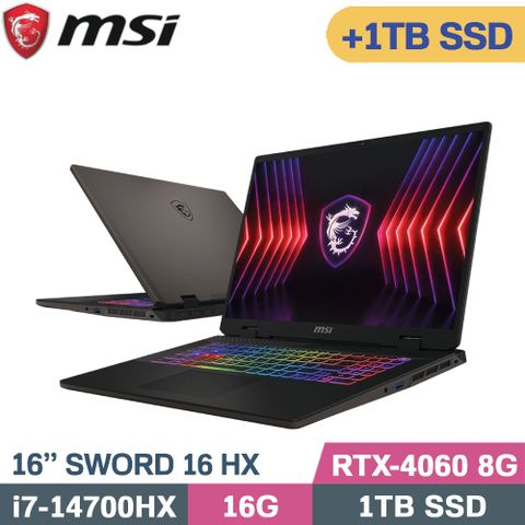 MSI 微星 Sword 16 HX B14VFKG-046TW 電競筆電 黑(i7-14700HX/16G/1TB+1TB/RTX4060/W11/16)特仕