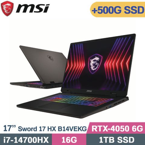 MSI 微星 Sword 17 HX B14VEKG-023TW 電競筆電 黑(i7-14700HX/16G/1TB+500G/RTX4050/W11/17)特仕