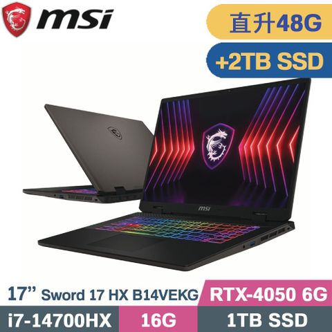 MSI 微星 Sword 17 HX B14VEKG-023TW 電競筆電 黑(i7-14700HX/16G+32G/1TB+2TB/RTX4050/W11/17)特仕