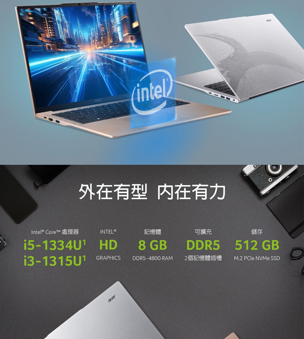 acer(intel)外在有型 内在有力Intel® Core™ 處理器INTEL®記憶體可擴充i5-1334U1 HD8 GB儲存DDR5 512 GBi3-1315U1GRAPHICSDDR5-4800 RAM2個記憶體插槽M.2  NVMe SSDacer