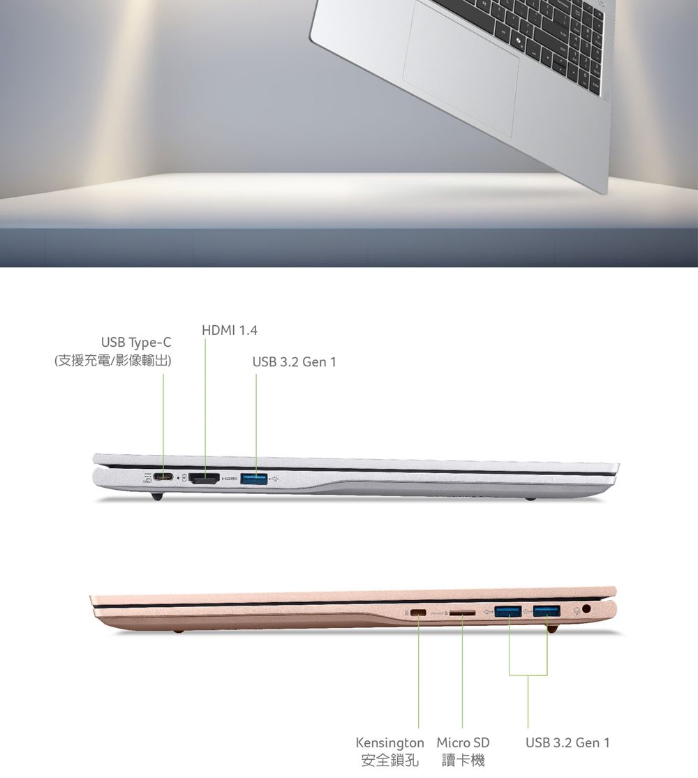 USB Type-C(支援充電影像輸出)HDMI 1.4USB 3.2 Gen 1Kensington Micro SD安全鎖孔 讀卡機USB 3.2 Gen 1