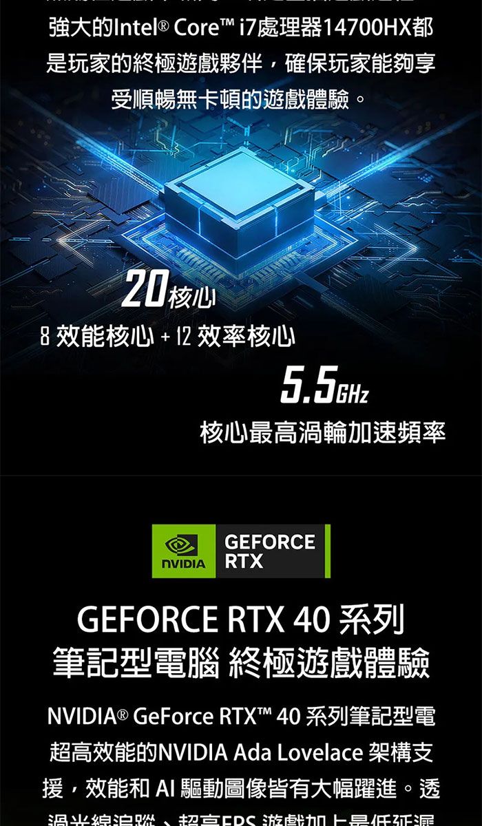 強大的Intel® Core™i7處理器14700HX都玩家的終極遊戲夥伴,確保玩家能夠享受順暢無卡頓的遊戲體驗。20核心8效能核心效率核心5.5GHZ核心最高渦輪加速頻率GEFORCENVIDIA RTXGEFORCE RTX 40 系列筆記型電腦 終極遊戲體驗NVIDIA® GeForce RTX™ 40 系列筆記型電效能的NVIDIA Ada Lovelace 架構支援,效能和  驅動圖像皆有大幅躍進。透超高游戲加上是低延漏