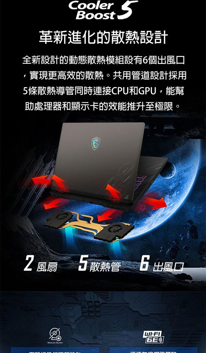 Cooler 革新進化的散熱設計全新設計的動態散熱模組設有個風口實現更高效的散熱共用管道設計採用5條散熱導管同時連接CPU和GPU,能幫助處理器和顯示卡的效能推升至極限。6 出風口2 風扇5散熱管 WI-FI