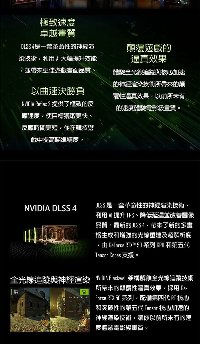 極致速度卓越畫質DLSS 4是一套革命性的神經渲染技術利用大幅提升效能並帶來更佳遊戲畫面品質。曲速決勝負顛覆遊戲的逼真效果體驗全光線追蹤與核心加速的神經渲染技術所帶來的顛覆性逼真效果以前所未有的速度體驗電影級畫質。NVIDIA Reflex 2 提供了極致的反應速度使目標獲取更快、反應時間更短,並在競技遊戲中提高瞄準精度。NVIDIA DLSS 4DLSS 是一套革命性的神經渲染技術,利用 AI 提升 FPS、降低延遲並改善圖像品質。最新的DLSS4,帶來了新的多畫格生成和增強的光線重建及超解析度, GeForce T™ 50 系列 GPU 和第五代Tensor Cores 支援。全光線追蹤與神經渲染 NVIDIA Blackwell 架構解鎖全光線追蹤技術LIFE RTX所帶來的顛覆性逼真效果。 Force RTX 50 系列,配備第四代RT核心和突破性的第五代 Tensor 核心加速的神經渲染技術,讓你以前所未有的速度體驗電影級畫質。