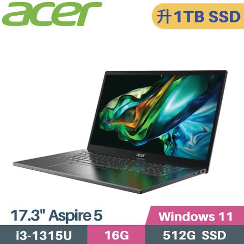 ACER 宏碁 Aspire 5 A517-58M-393F 文書筆電 (i3-1315U/16G/1TB SSD/W11/17.3)特仕